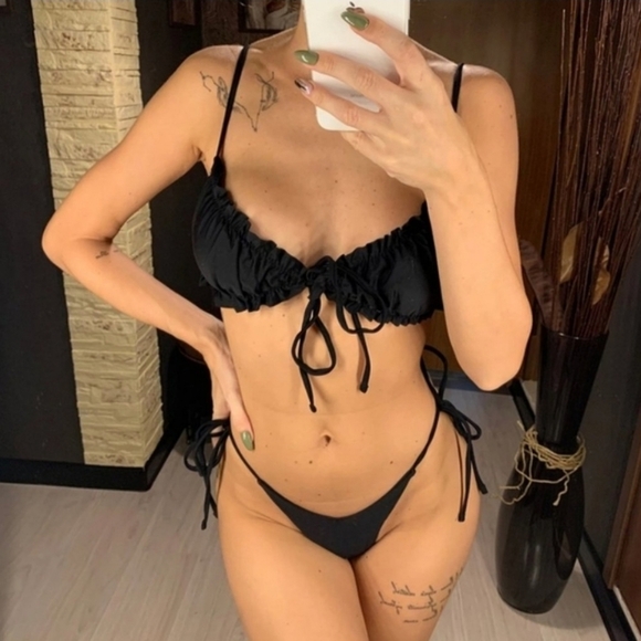 Black Ruched Top and Brazilian Bottom Bikini Set - Picture 1 of 6